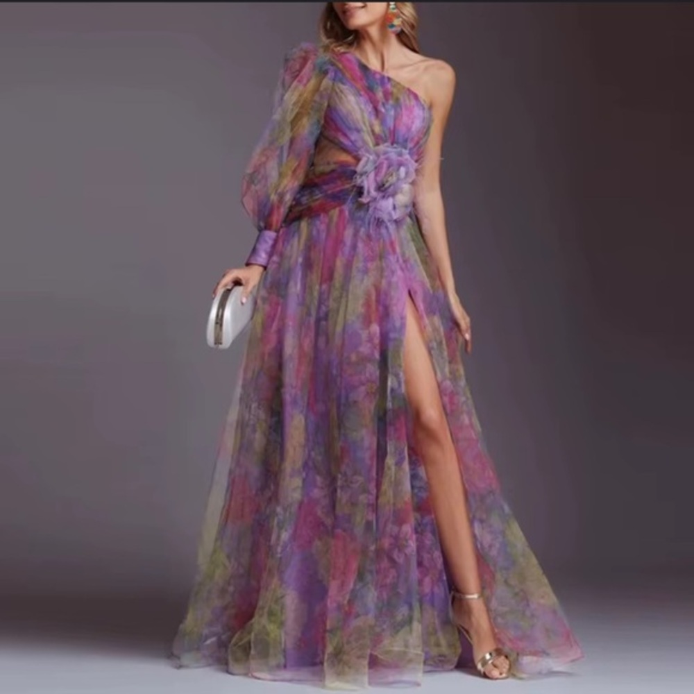 Women’s Floral One Shoulder Lightweight Dress Leg Slit Cut Outs Size small